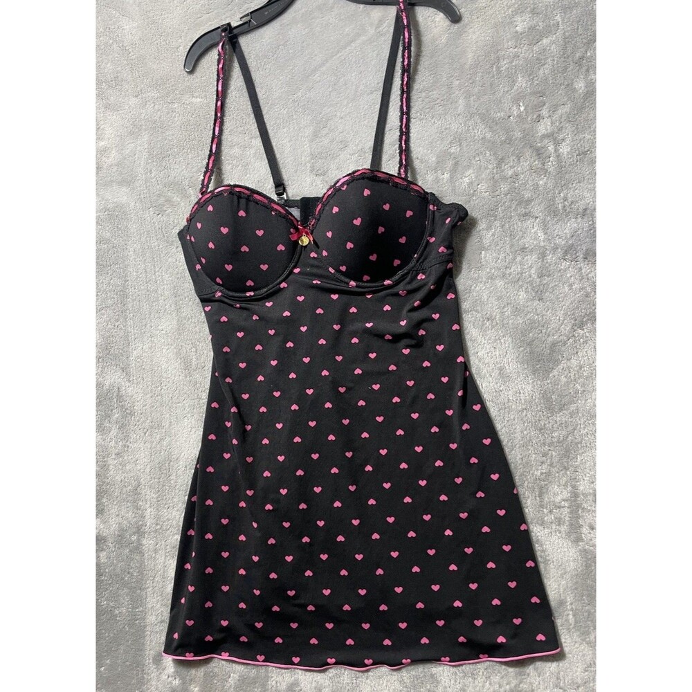 Y2K Jessica Simpson Black With Pink Hearts Lace Babydoll Lingerie Dress Size M